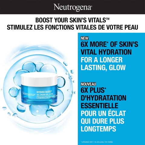 Gel-crème sans parfum NEUTROGENA® Hydro Boost, avec la mention  « Stimulez les fonctions vitales de votre peau - 6 fois plus d'hydratation essentielle pour un éclat qui dure plus longtemps ».